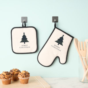 Elegant Navy Blue and Green Plaid Christmas Tree Oven Mitt & Pot Holder Set