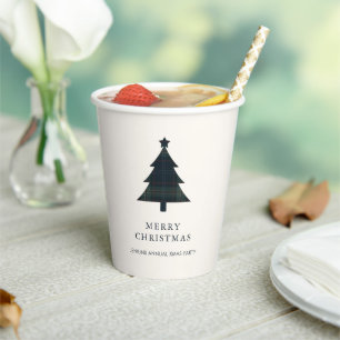 Elegant Navy Blue and Green Plaid Christmas Tree Paper Cups