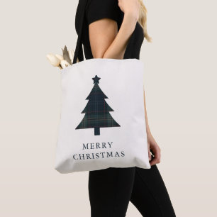 Elegant Navy Blue and Green Plaid Christmas Tree Tote Bag