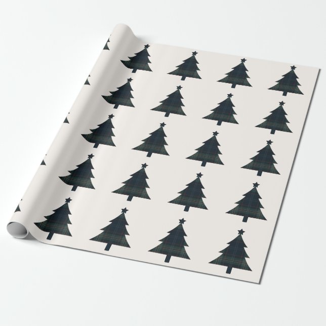 Elegant Navy Blue and Green Plaid Christmas Tree Wrapping Paper (Unrolled)