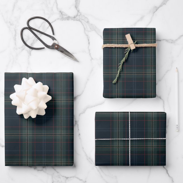 Elegant Navy Blue and Green Plaid Christmas Wrapping Paper Sheet (Front)