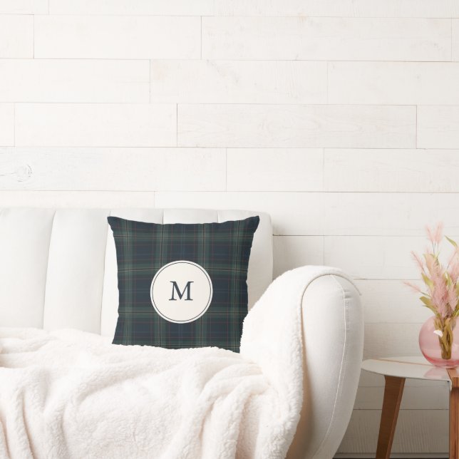 Elegant Navy Blue and Green Plaid Monogram Cushion (Couch)