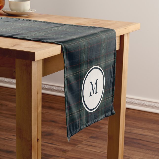 Elegant Navy Blue and Green Plaid Monogram Short Table Runner (In Situ)