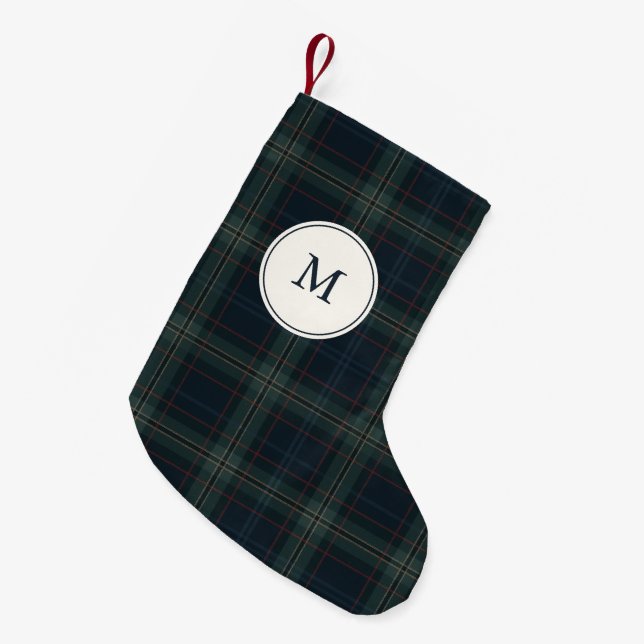 Elegant Navy Blue and Green Plaid Monogram Small Christmas Stocking (Front (Hanging))