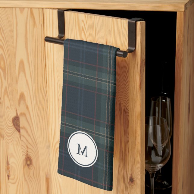 Elegant Navy Blue and Green Plaid Monogram Tea Towel (Thirds Fold)