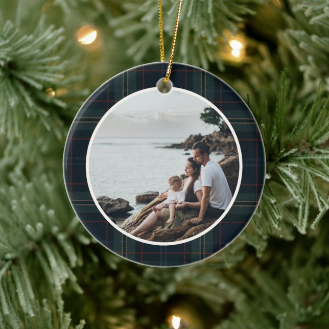 Elegant Navy Blue and Green Plaid Photo Christmas Ceramic Tree Decoration (Tree)