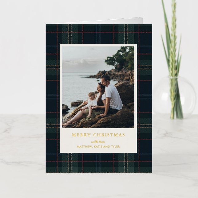 Elegant Navy Blue and Green Plaid Photo Christmas Foil Holiday Card (Front)