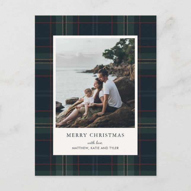 Elegant Navy Blue and Green Plaid Photo Christmas Holiday Postcard (Front)