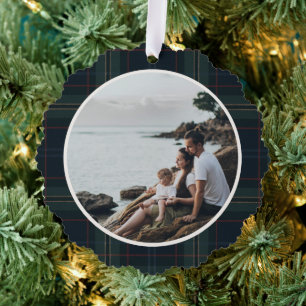 Elegant Navy Blue and Green Plaid Photo Christmas Tree Decoration Card