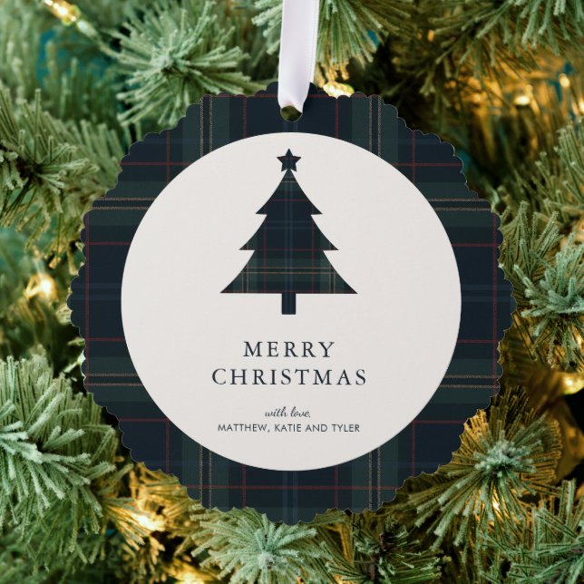Elegant Navy Blue and Green Plaid Photo Christmas Tree Decoration Card (Insitu (Tree))