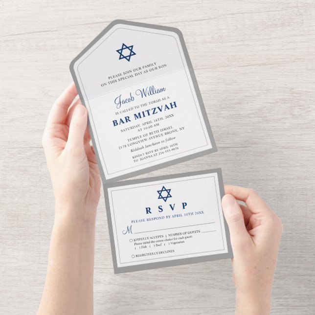 Elegant Navy Blue and Grey Bar Mitzvah All in One  All In One Invitation (Tearaway)