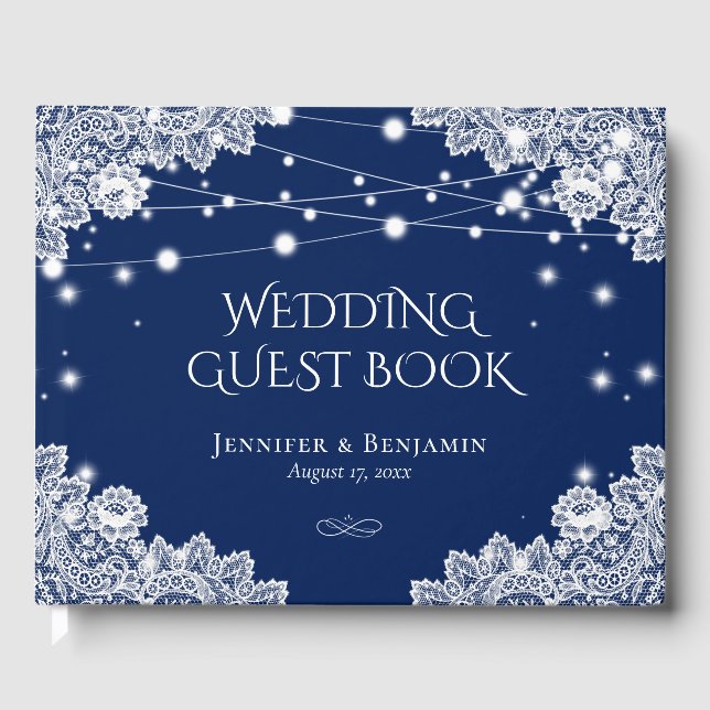 Elegant Navy Blue and Lace Wedding Guest Book (Front)