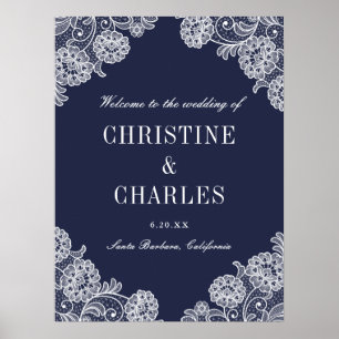 Elegant Navy Blue and Lace   Wedding Welcome Sign