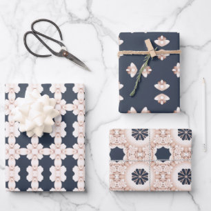Elegant Navy Blue and Light Pink Floral Pattern Wrapping Paper Sheet