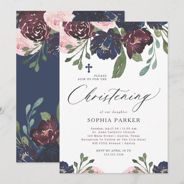 Elegant Navy Blue and Plum Floral | Christening Invitation (Front/Back)