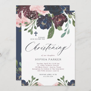 Elegant Navy Blue and Plum Floral   Christening Invitation