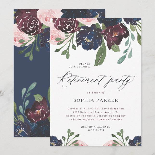 Elegant Navy Blue and Plum Floral Retirement Party Invitation (Front/Back)