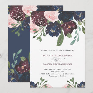 Elegant Navy Blue and Plum Floral   Wedding Invitation
