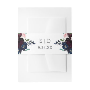 Elegant Navy Blue and Plum Floral Wedding Invitation Belly Band