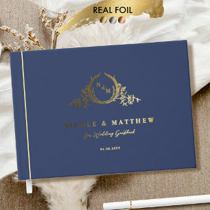 Elegant Navy Blue and Real Foil Monogram Wedding Guest Book