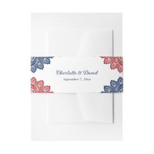 Elegant Navy Blue and Red Floral Lace Wedding Invitation Belly Band