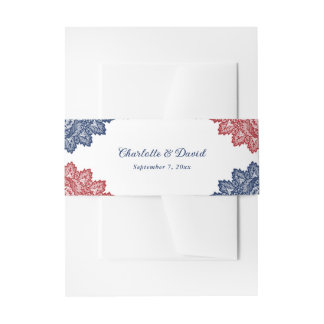 Elegant Navy Blue and Red Floral Lace Wedding Invitation Belly Band