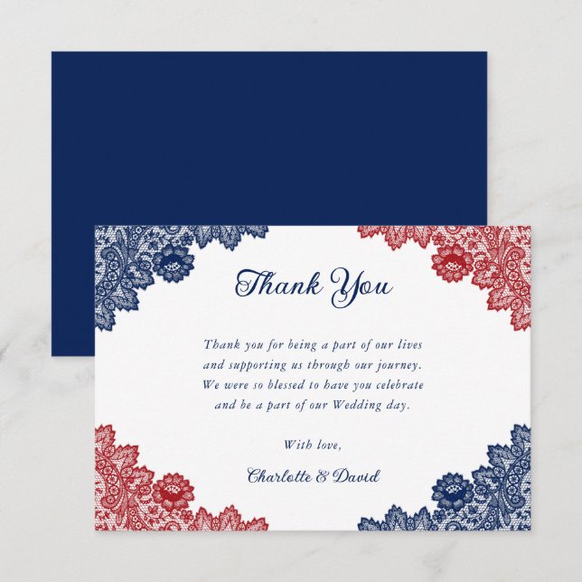 Elegant Navy Blue and Red Floral Lace Wedding Thank You Card (Front/Back)