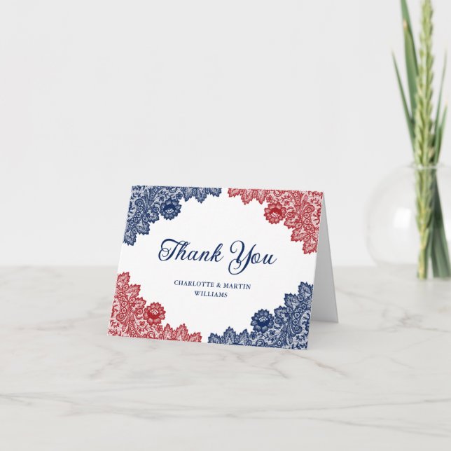 Elegant Navy Blue and Red Floral Lace Wedding Thank You Card (Front)
