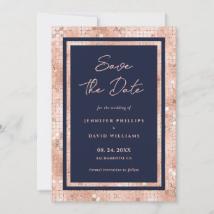 Elegant Navy Blue and Rose Gold Glitter Wedding Save The Date
