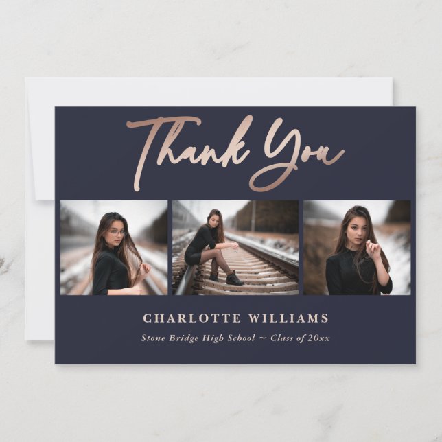 Elegant Navy Blue and Rose Gold Photo Graduation Thank You Card (Front)
