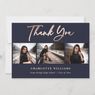 Elegant Navy Blue and Rose Gold Photo Graduation Thank You Card