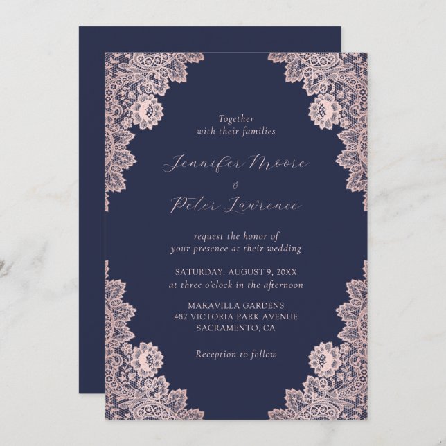 Elegant Navy Blue and Rose Gold Wedding Invitation (Front/Back)