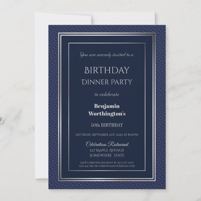 Elegant Navy Blue and Silver 50th Birthday Dinner Invitation (Front)
