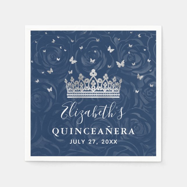 Elegant Navy Blue and Silver Crown Quinceanera Napkin (Front)