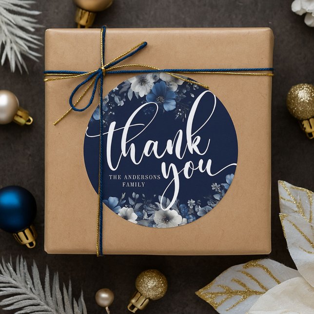 Elegant Navy Blue and Silver Floral   Classic Round Sticker (Creator Uploaded)