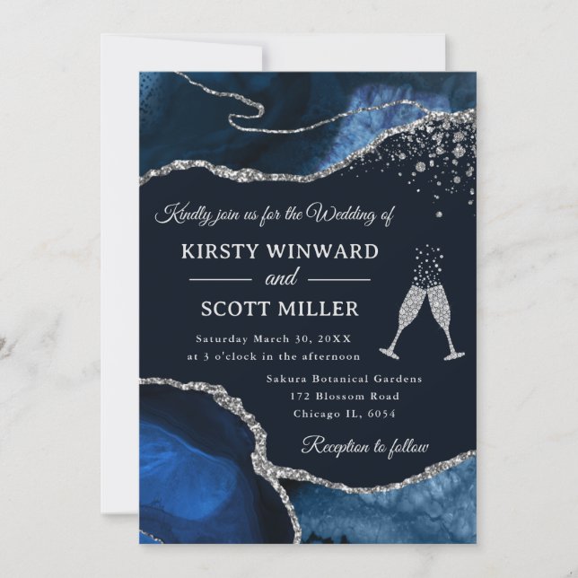 Elegant Navy Blue and Silver Glitter Agate Wedding Invitation (Front)