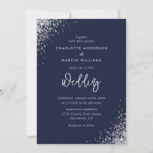 Elegant Navy Blue and Silver Glitter Wedding Invitation