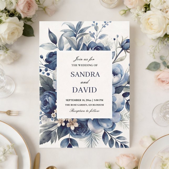 Elegant Navy Blue and Silver  Ivory Floral Wedding Invitation (Creator Uploaded)