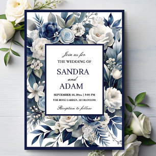 Elegant Navy Blue and Silver  Ivory Floral Wedding Invitation
