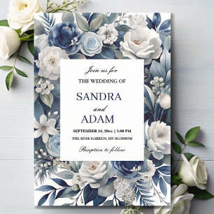 Elegant Navy Blue and Silver Ivory Floral Wedding Invitation