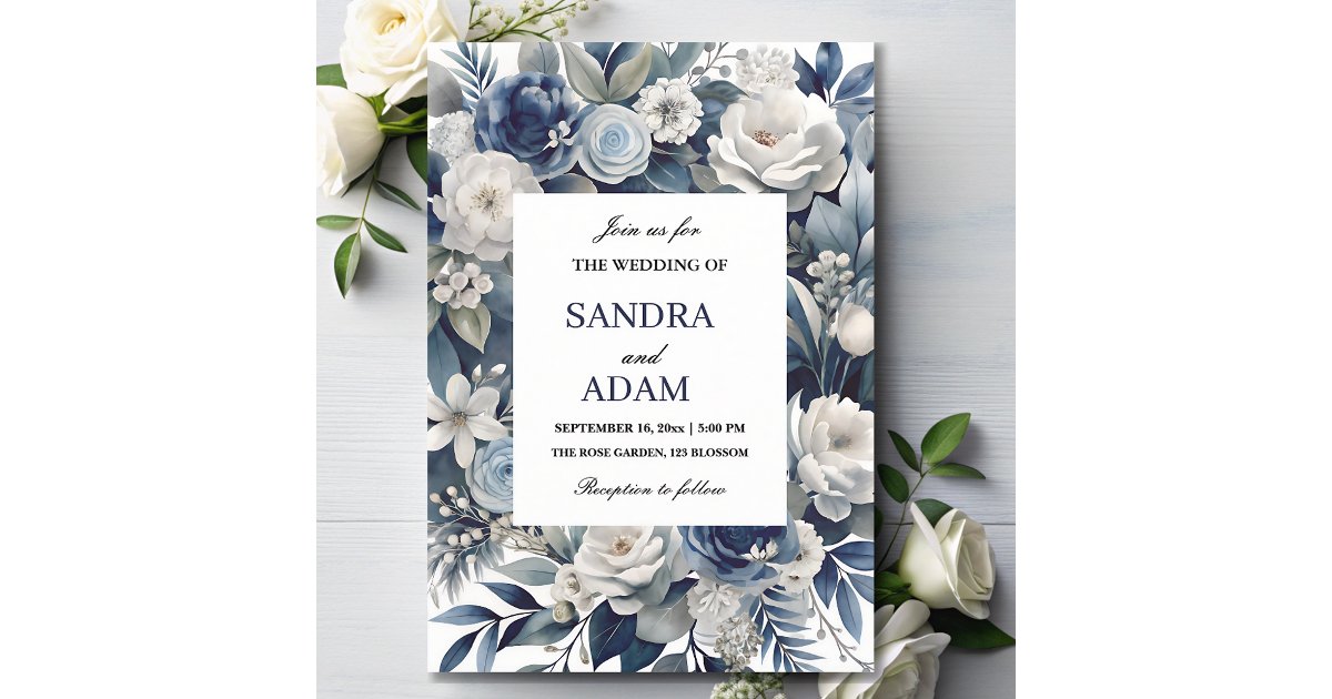 Elegant Navy Blue and Silver Ivory Floral Wedding Invitation | Zazzle