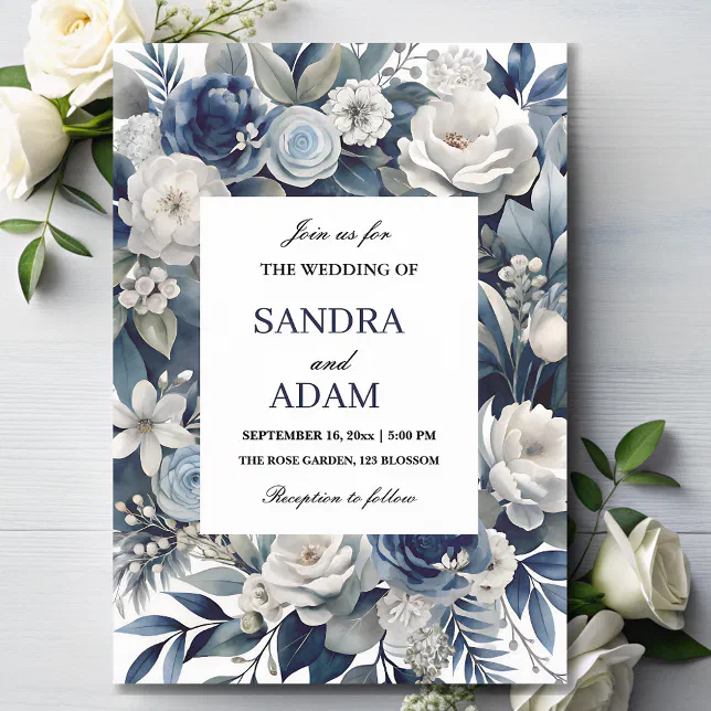 Elegant Navy Blue and Silver Ivory Floral Wedding Invitation | Zazzle