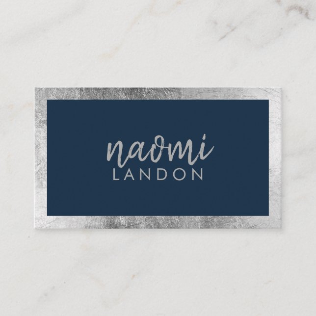 Elegant navy blue and silver modern minimalist business card (Front)
