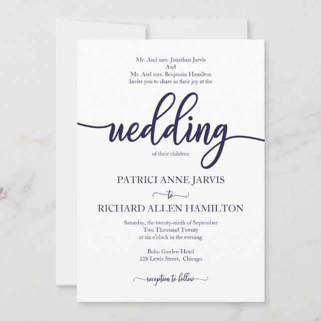 Elegant Navy Blue And White Classic Wedding Invitation (Front)
