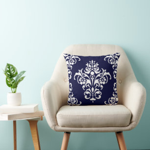 Elegant Navy Blue and White Damask Cushion