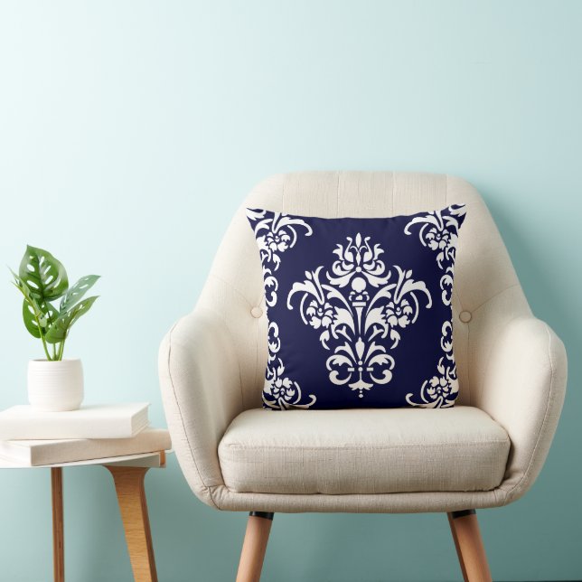 Elegant Navy Blue and White Damask Cushion (Chair)