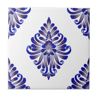 Elegant Navy Blue And White Damask Pattern Tile