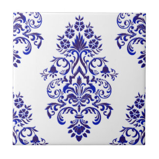Elegant Navy Blue And White Damask Pattern   Tile