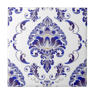Elegant Navy Blue And White Damask Pattern  Tile