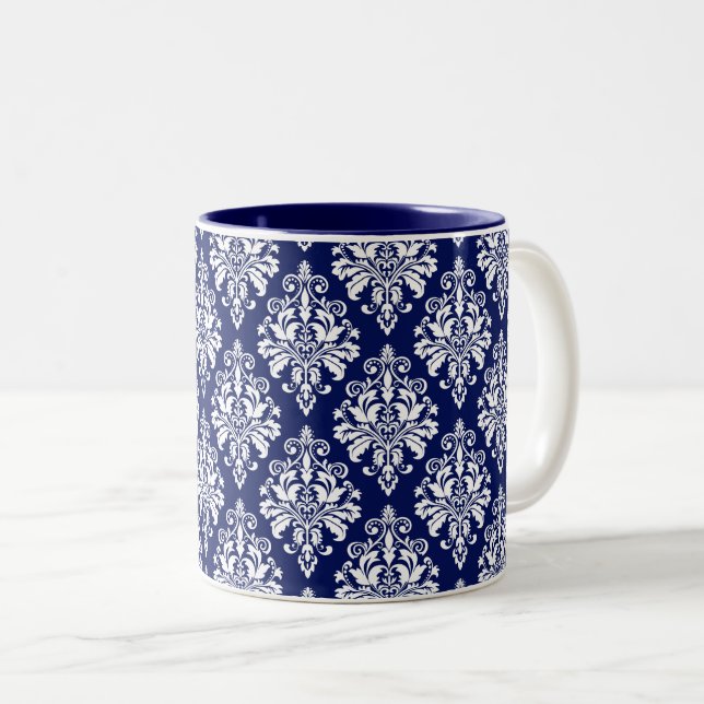 Elegant Navy Blue and White Damask Pattern Two-Tone Coffee Mug (Front Right)